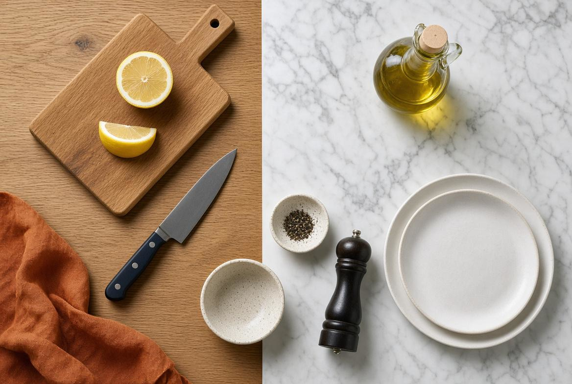 Kitchen essentials arranged on timber and marble surfaces