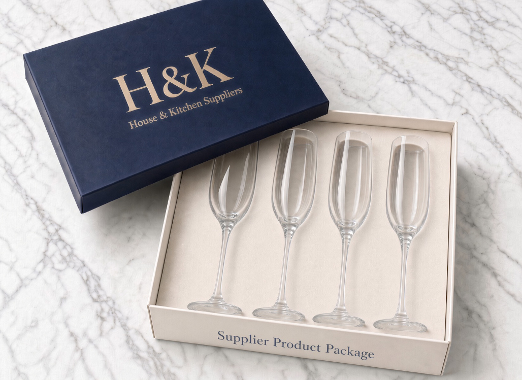 House & Kitchen Suppliers product package with glassware